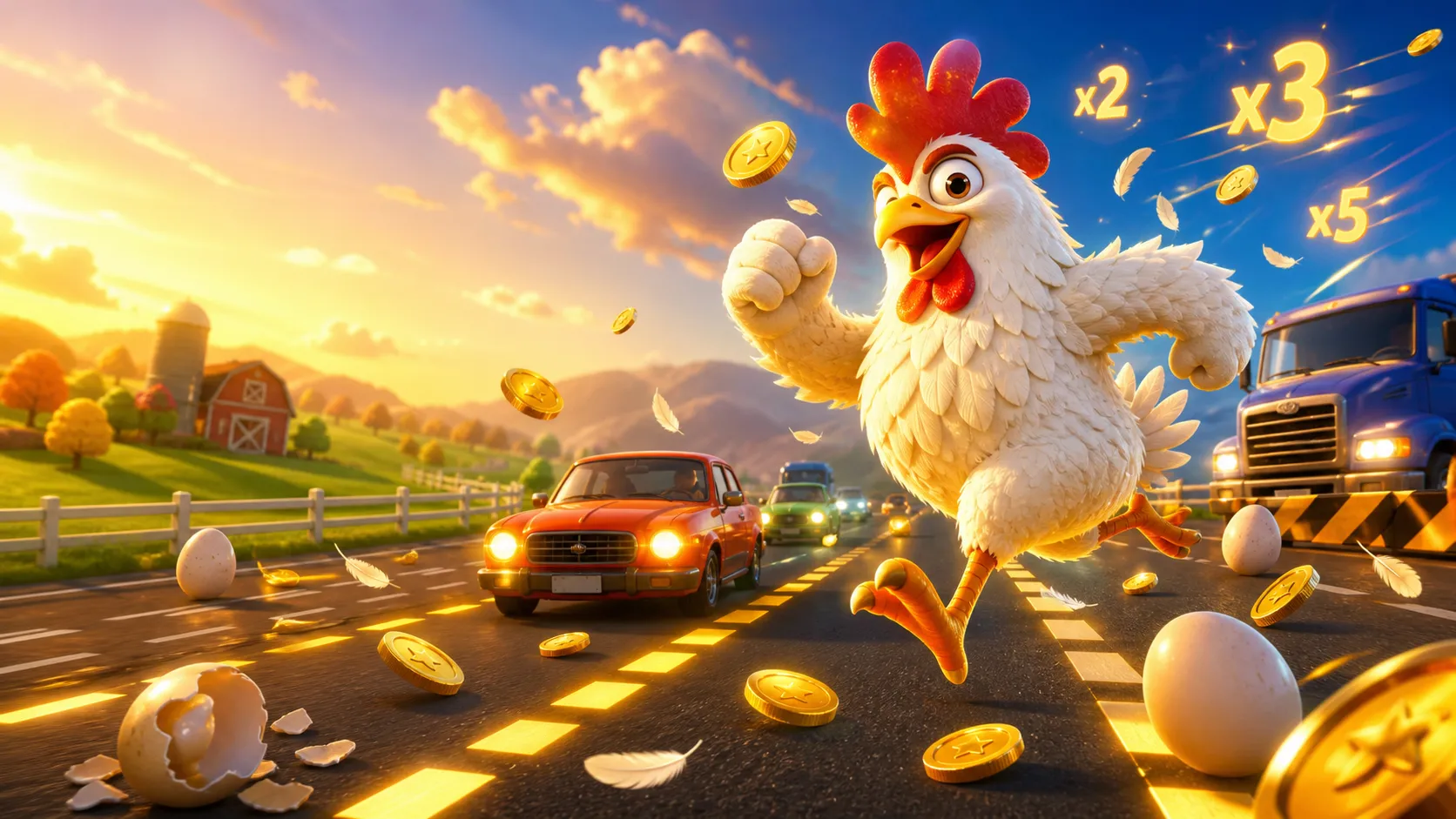 Dynamic scene from Chicken Road game with confident chicken crossing multiple lanes amidst traffic, coins, and eggs, on a col