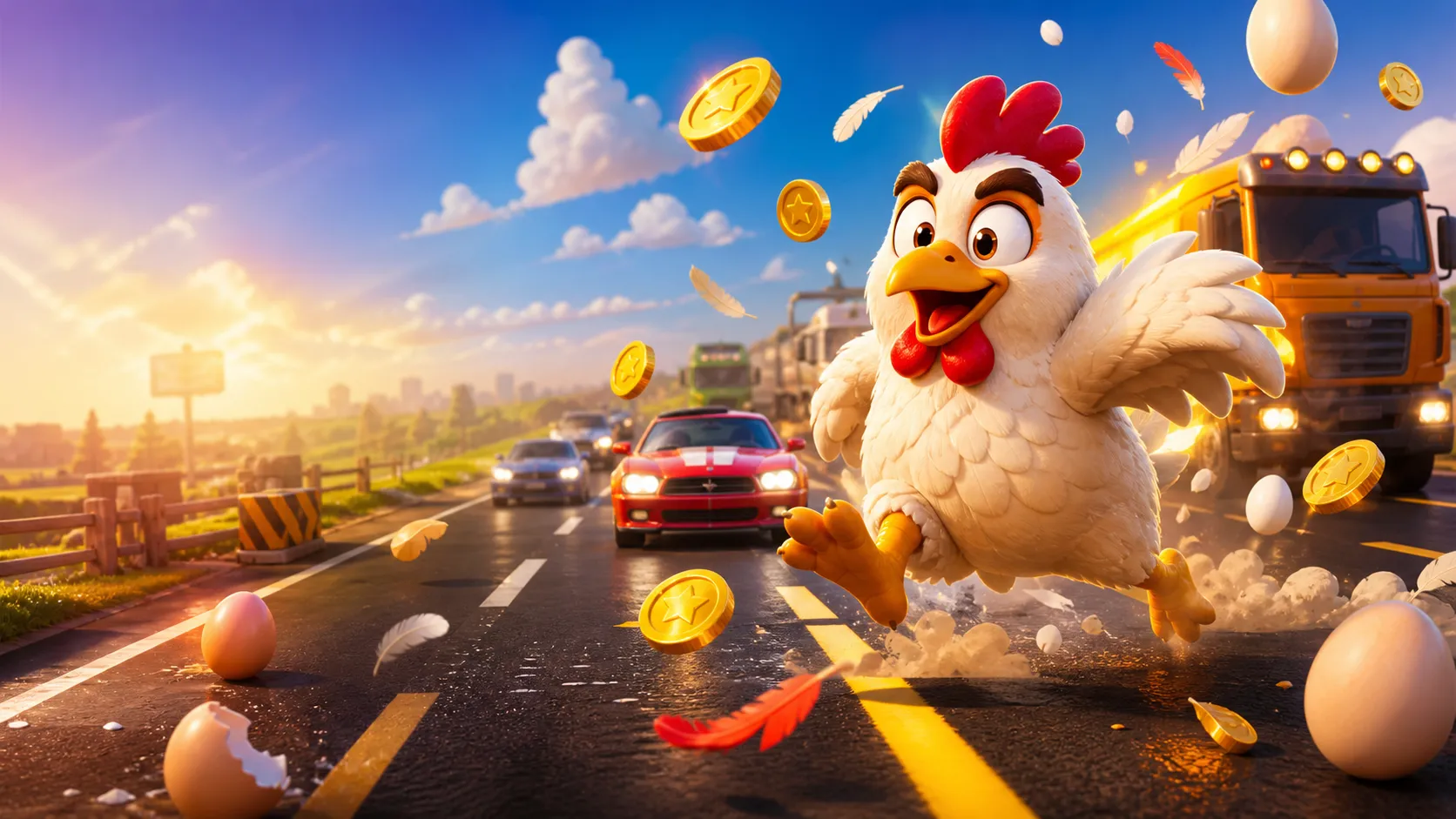 Dynamic 3D chicken crossing a colorful arcade road with traffic, coins, and eggs for Chicken Road game.