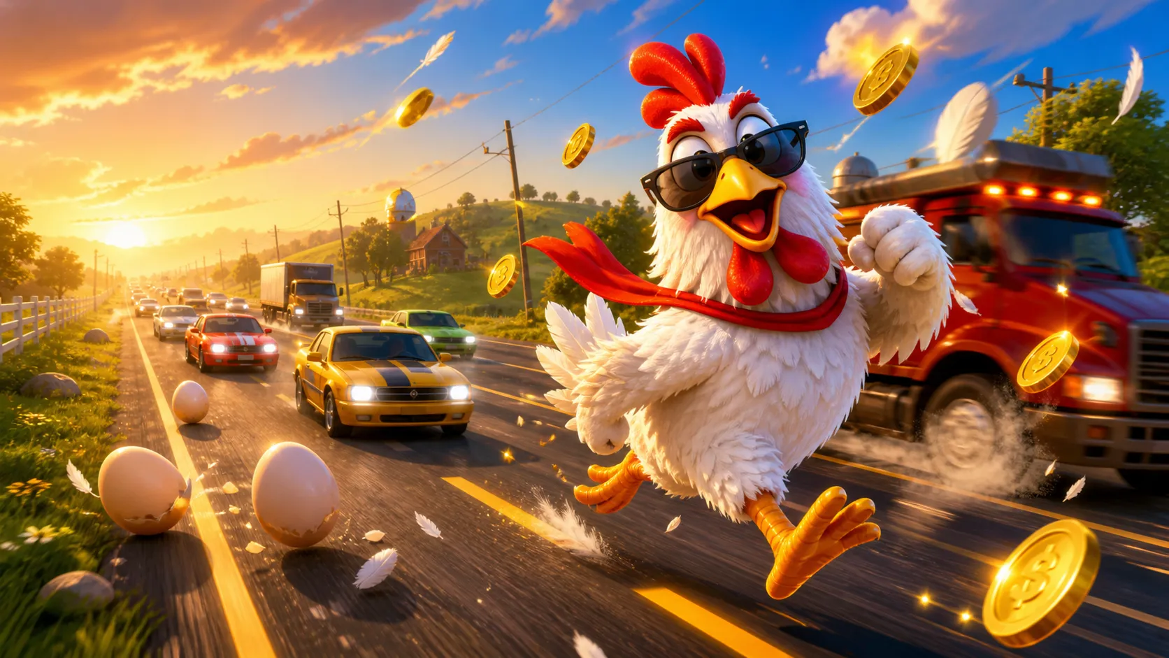 High-resolution hero image for Chicken Road game showing a 3D chicken crossing a dangerous road with coins and eggs scattered