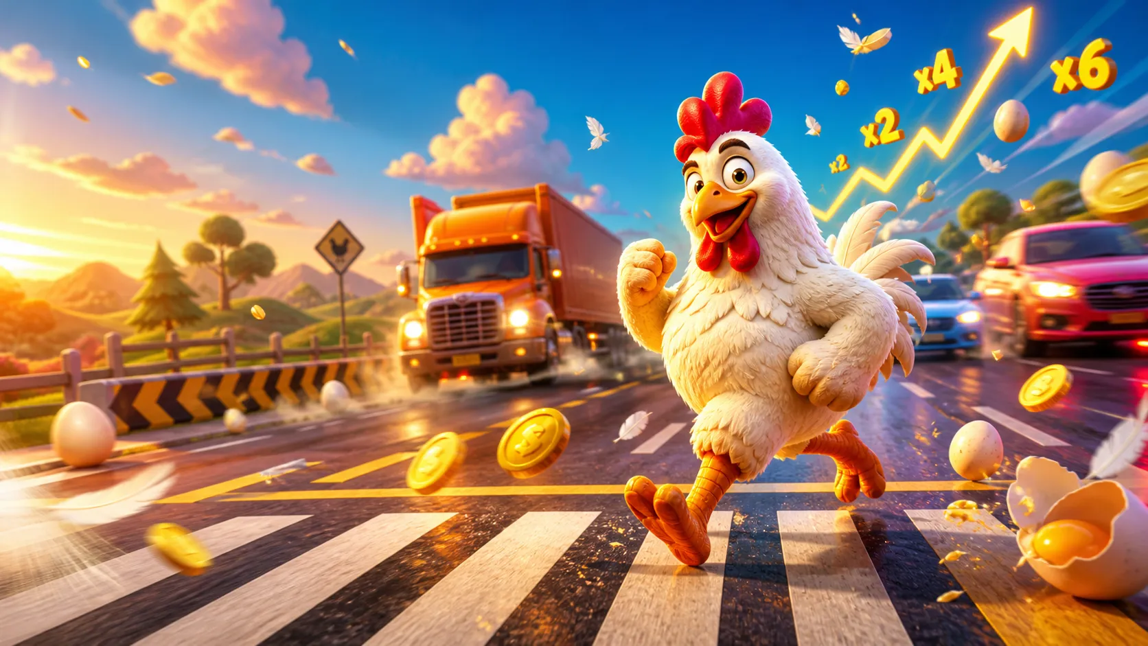 Dynamic Chicken Road game scene featuring a 3D chicken crossing a bustling multi-lane road with cars, eggs, and golden coins.