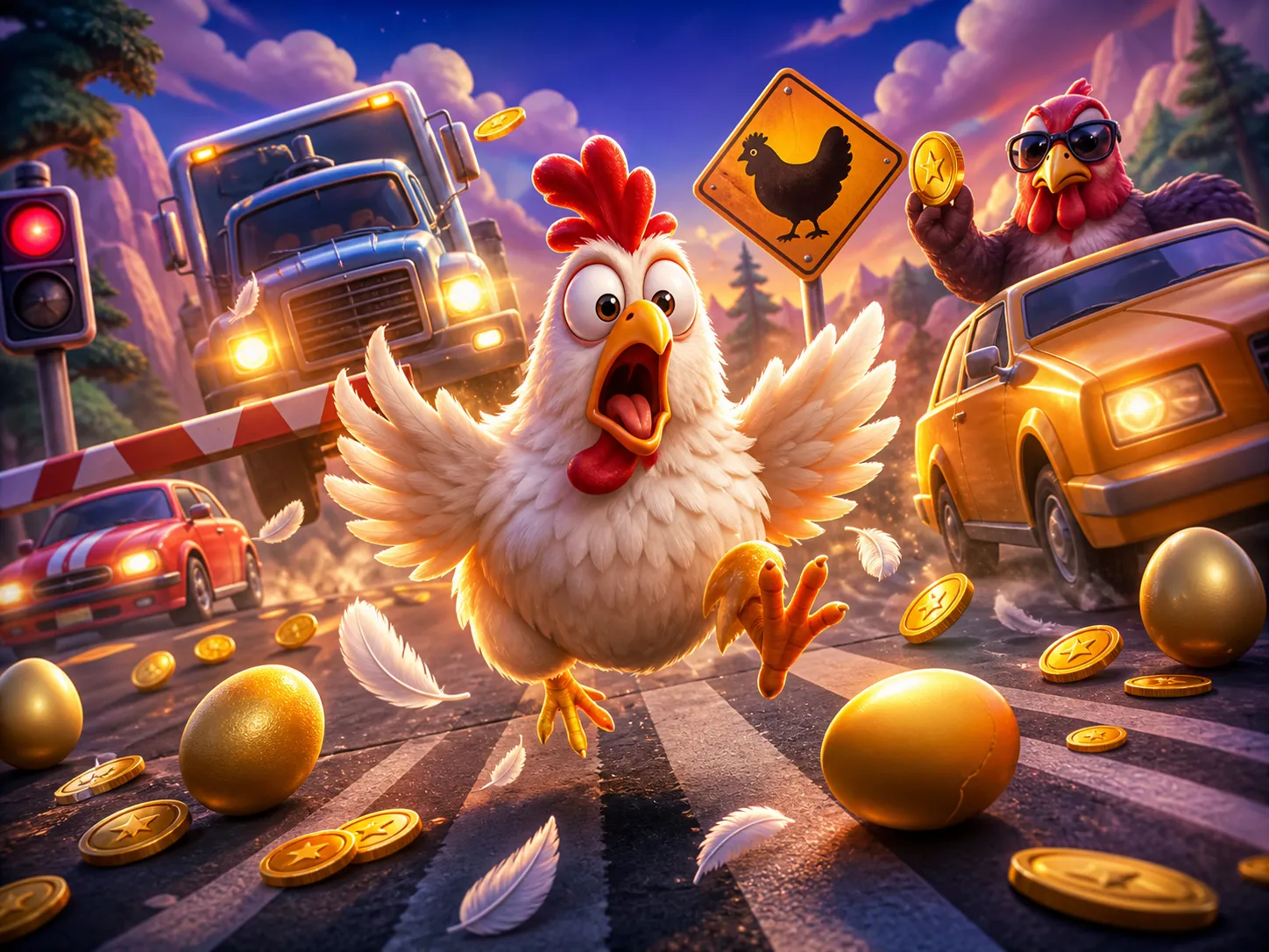 A comical chicken character navigating a traffic-filled road with playful danger in 'Chicken Road' slot theme art.